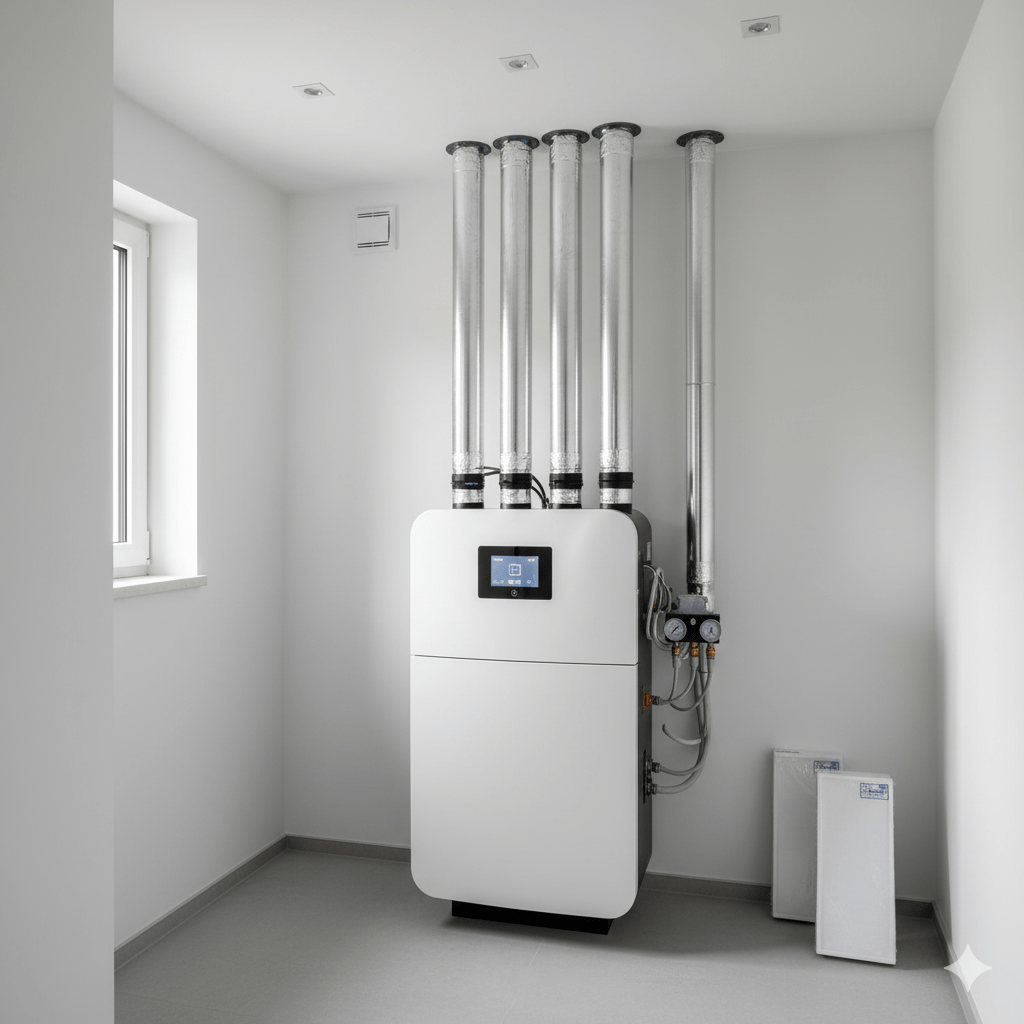 Nowoczesna jednostka rekuperacji zainstalowana w białym pomieszczeniu gospodarczym w domu jednorodzinnym. Widoczne są podłączone kanały wentylacyjne oraz panel sterujący urządzenia.