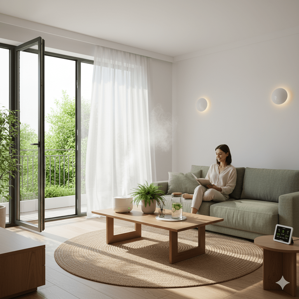 Schemat działania wentylacji mechanicznej z odzyskiem ciepła (rekuperacji), pokazujący przepływ świeżego powietrza do wnętrza i usuwanie zużytego, lub: Nowoczesny salon z minimalistycznymi anemostatami sufitowymi, symbolizującymi komfort i świeże, czyste powietrze.