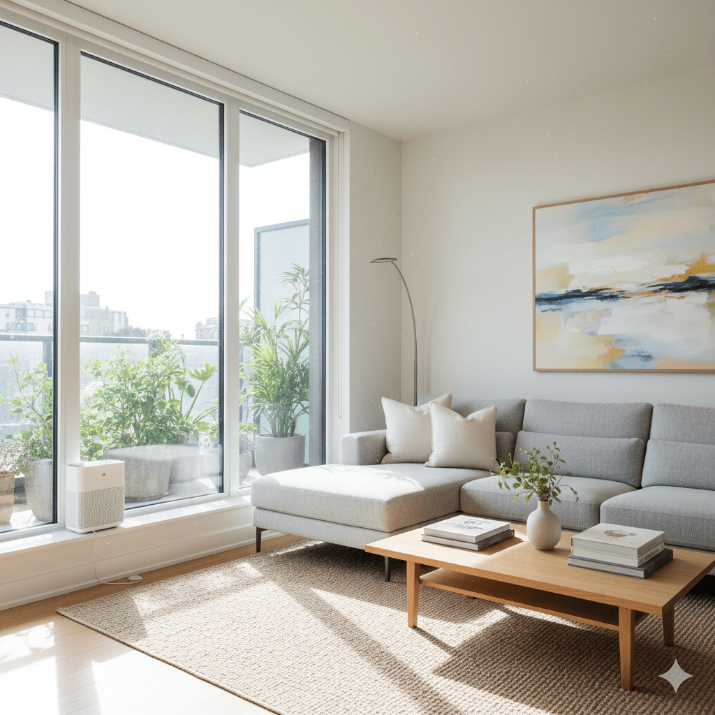 Jasny, nowoczesny salon z dużymi oknami w słoneczny dzień. Wnętrze jest minimalistyczne, z widocznymi elementami komfortu i spokoju, symbolizując idealną jakość powietrza w domu zapewnianą przez rekuperację.